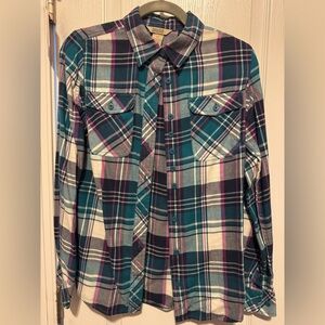 Duluth Trading Co Teal and Purple Plaid Shirt